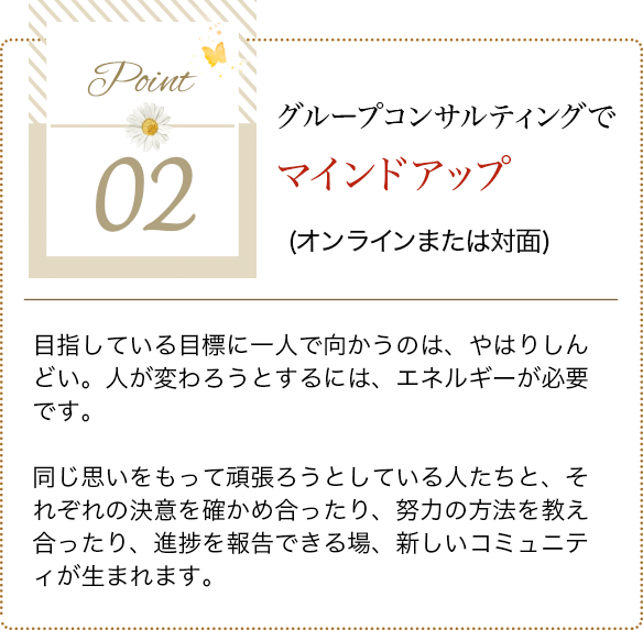 point02 グループコンサルティングでマインドアップ (オンラインまたは対面) 目指している目標に一人で向かうのは、やはりしんどい。人が変わろうとするには、エネルギーが必要です。同じ思いをもって頑張ろうとしている人たちと、それぞれの決意を確かめ合ったり、努力の方法を教え合ったり、進捗を報告できる場、新しいコミュニティが生まれます。