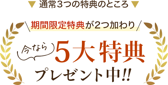 通常３つの特典のところ 期間限定特典が２つ加わり 5大特典プレゼント中！！